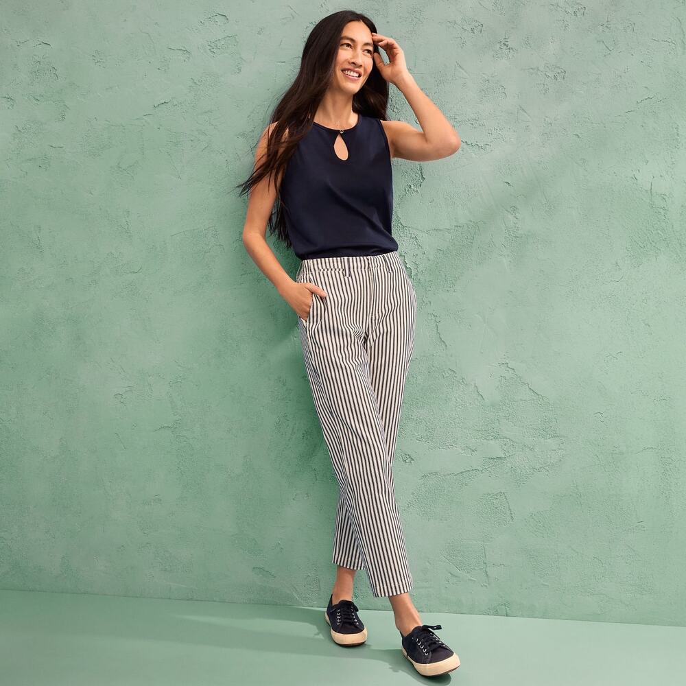 Lands' End Women's Mid Rise Straight Leg Chino Ankle Pants Navy & White Stripe 4